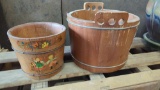 SET OF 2 WOODEN WATER PAILS, 1 HAS A DECORATIVE EUROPEAN DESIGN, AND THE OTHER IS A GOOD WELL