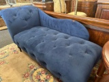 BLUE BUTTON TUFTED CHAISE LOUNGE; MEASURES 60 X 26 X 32 (INCHES)