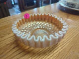 OPALESCENT ORANGE AND FROSTED RIBBED DISH.