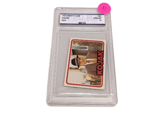 1975 MONTY GUM KOJAK RED #67 GEM MT 10 GRADED CARD. GRADED BY MCG. COMES IN A HARD PLASTIC CASE.