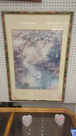 WALL HANGING WOODEN DECORATIVE FRAMED LIMITED EDITION PRINT TITLED SWANS DOGWOOD, AIGNED BY ARTIST