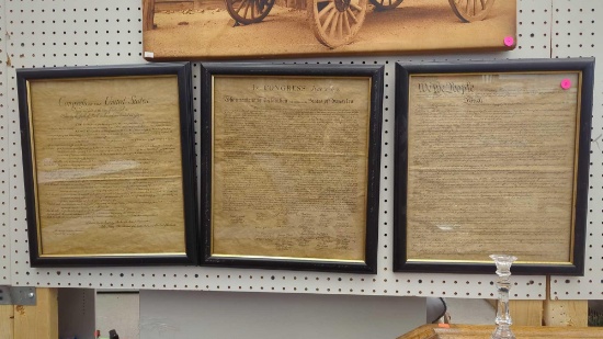 SET OF 3 WOODEN FRAMED REPLICAS OF UNITED STATES DECLARATION OF INDEPENDENCE, MEASURES APPROXIMATELY