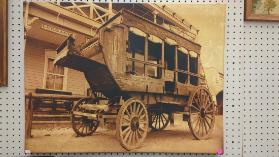 WALL HANGING PRINT ON CANVAS OF A EARLY STYLE BUGGY CART, MEASURES APPROXIMATELY 31 IN X 24 IN.