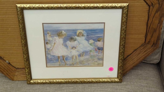 WALL HANGING WOODEN GOLD TONE ROSE FRAME PRINT OF OCEAN NAUTICAL KIDS PLAYING IN BEACH, ART