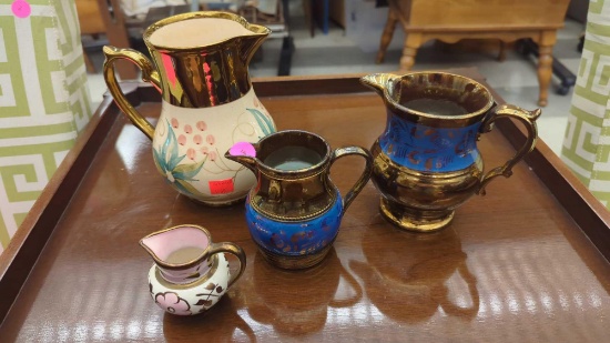 LOT OF ASSORTED EARLY STYLE WADE COPPER LUSTER WARE POTCHER, LUSTER CREAMER, 2 PIECE COPPER BLUE