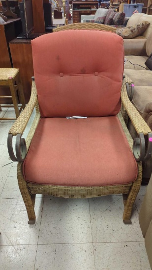 HAMPTON BAY WICKER AND METAL PATIO CHAIR WITH CUSHIONS, MEASURES APPROXIMATELY 27 IN x 25 IN x 37