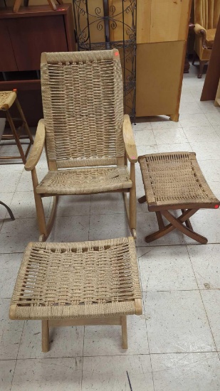 EARLY STYLE DANISH MODERN WOODEN ROCKING CHAIR WITH WOVEN ROPE SEAT AND BACK, AND COMES WITH 2