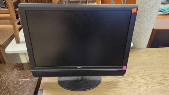 COBY 22 INCH TFT LCD TELEVISION ON STAND, ITEM HAS NO POWER CORD, AND NEEDS A UNIVERSAL REMOTE.