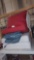 SET OF RED AND WHITE CUSHIONS, APPEARS TO BE NEW ASIDE FROM WAREHOUSE DUST.