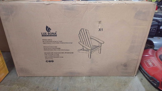 LUE BONA PANDA SERIES WOODEN ADIRONDACK CHAIR IN NATURAL WOOD COLOR, PRODUCT SIZE IS 30 IN X 35 IN X