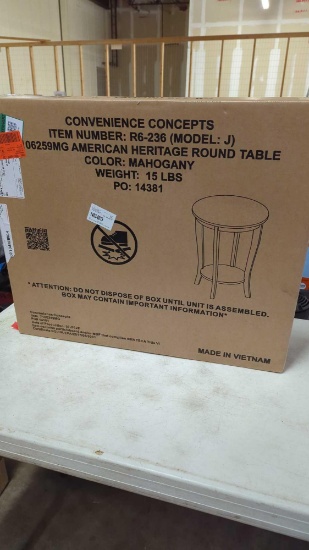CONVENIENCE CONCEPTS AMERICAN HERITAGE ROUND TABLE IN THE COLOR MAHOGANY ITEM NUMBER R6-236 MODEL J,