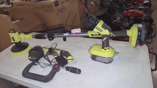 SET OF 3 RYOBI DISPLAY MODEL POWERED TOOLS, BRUSHLESS DRYWALL SCREW GUN, RYOBI SCRUBBER, AND A MICRO