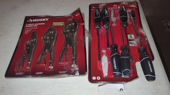 2 SETS OF HUSKY TOOLS, HUSKY 3 PCS LOCKING PLIERS SET, AND A 7 PCS MAGNETIC SCREWDRIVER SET.