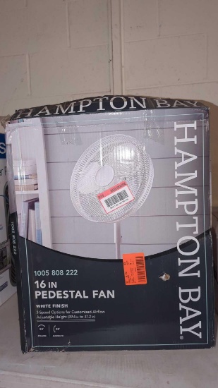 HAMPTON BAY 16" PEDESTAL FAN, WHITE, ON THE OPEN ORIGINAL BOX.