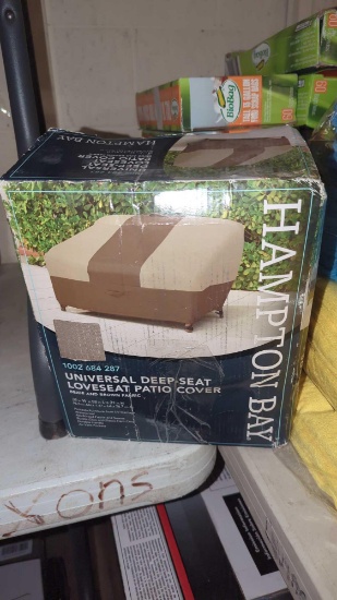 UNIVERSAL DEEP SEAT LOVESEAT PATIO COVER BROWN FABRIC, BY THE HAMPTON BAY, IN THE ORIGINAL BOX, 38"L