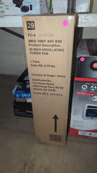 HAMPTON BAY 28" OSCILLATING TOWER FAN, BLACK, IN THE ORIGINAL BOX SEALED.