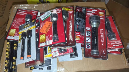 LARGE LOT OF NEW FLASHLIGHTS, HUSKY, DEFIANT, HEAD LAMPS, AND HANDHELDS.