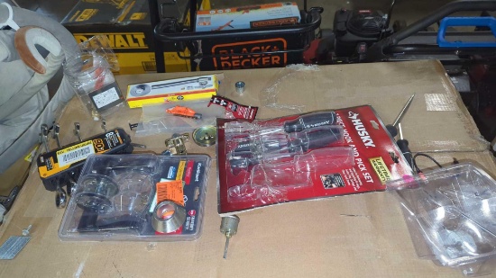 LOT OF MISC TOOLS, GEAR WRENCHES, SMART KEY DOOR KNOB, MOSSING DEAD BOLT, HUSKY SCREWDRIVERS, ETC