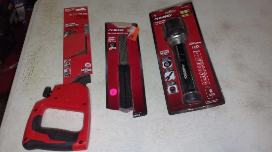 LOT OF 3 TOOLS TO INCLUDE, A MILWAUKEE 12 INCH PVC/ ABS SAW NEW IN THE PACKAGE, A HUSKY FOLDING