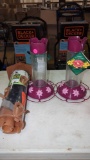 LOT OF 3 BIRD FEEDERS 2 PERKY PET PURPLE WITH PINK FLORAL DESIGNS FOR A HUMMINGBIRD, THE OTHER IS