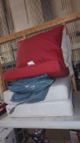 SET OF RED AND WHITE CUSHIONS, APPEARS TO BE NEW ASIDE FROM WAREHOUSE DUST.