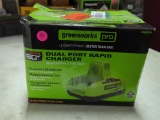 GREEN WORKS PRO DUAL PORT RAPID CHARGER, 60V, DUAL PORT RAPID CHARGER, IN THE ORIGINAL BOX RESEALED.