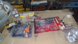 LOT OF MISC TOOLS, GEAR WRENCHES, SMART KEY DOOR KNOB, MOSSING DEAD BOLT, HUSKY SCREWDRIVERS, ETC