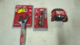 LOT OF 3 MILWAUKEE TOOLS TO INCLUDE A 25 FOOT TAPE MEASURE, 8 INCH WIDE JAW ADJUSTABLE WRENCH NEW IN