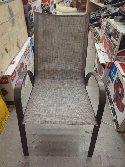 StyleWell Mix and Match Stackable Brown Steel Sling Outdoor Patio Dining Chair in Riverbed Taupe.