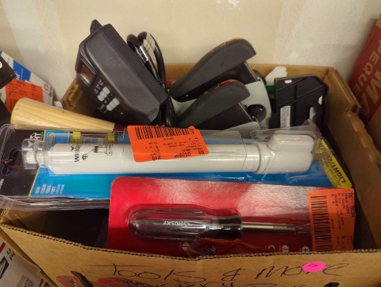 TOOLS AND MORE MYSTERY BOX LOT OF ASSORTED ITEMS. INCLUDES: WRIGHT DOOR CLOSER, HUSKY SCREWDRIVER,