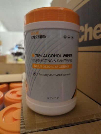 Box lot 24 cannisters of Miami Carry on 75% alcohol wipes. Each cannister contains 100 wipes.
