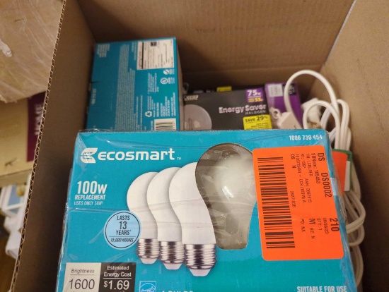 MYSTERY BOX LOT OF ASSORTED LIGHTS AND ACCESSORIES. INCLUDES ITEMS SUCH AS: ECOSMART LIGHT BULBS,
