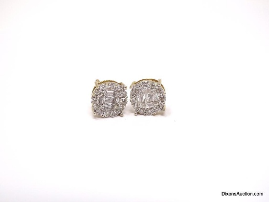PAIR OF 10K YELLOW GOLD & DIAMOND SCREW BACK EARRINGS. BAGUETTE CUT DIAMONDS IN THE CENTER,