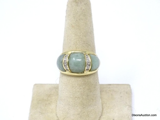 14K YELLOW GOLD RING WITH 3-SECTIONS OF JADE & TWO ROWS OF DIAMOND CHIP ACCENTS. MARKED ON THE