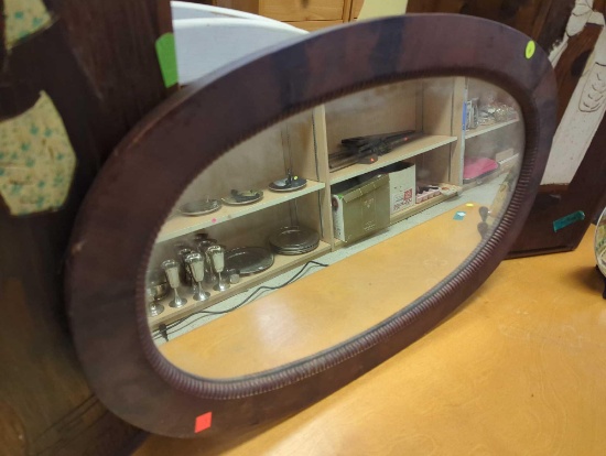 Dark Brown Wooden Oval Hanging Mirror Dimensions - 28" H x 18.5" W x 1" D In Used Condition Mirror