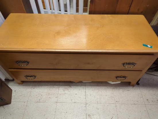 WOODEN TWO DRAWER BENCH DRESSER MEASURES APPROXIMATELY 54 IN X 20 IN X 24 IN.