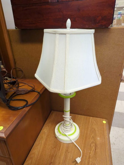 White Lamp with Green Accents on the Stand - Comes with a Square White Lamp Shade 25" Tall In Used