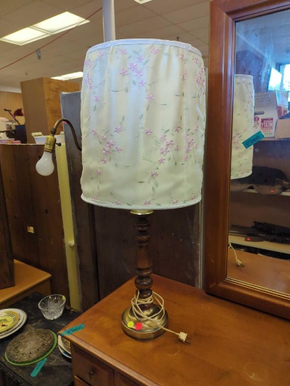 2 Dark Brown Wooden Bubble Lamp with Bronze Accent Base - Comes with a White Flower Cloth Style