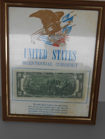 BICENTENNIAL CURRENCY $2 BILL FRAMED ALL ITEMS ARE SOLD AS IS, WHERE IS, WITH NO GUARANTEE OR