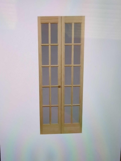 PINE CROFT 18 IN X 80 IN CLASSIC FRENCH 10 LITE OPAQUE GLASS WOOD INTERIOR BI FOLD DOOR, APPEARS TO
