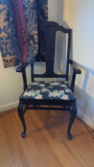 (BR1)DARK WOOD ARM SIDE CHAIR. UPHOLSTERED SEAT, CHAIR IS WOBBLY, 22 3/8"X 18 1/4"X40 3/4"