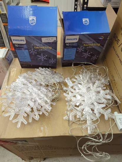 Lot of 2 Philips 10 Count Cool White Hanging Snowflakes. Both come in opened boxes and appear to be