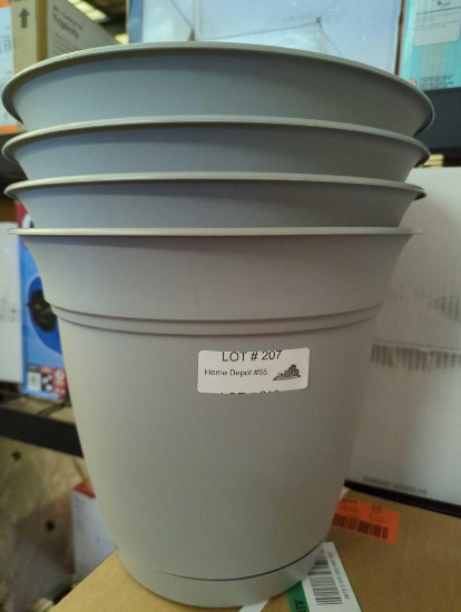 LOT OF 4 HC COMPANIES 12 INCH GRAY PLASTIC ECLIPSE PLANTER WITH ATTACHED SAUCER, APPEARS TO BE NEW