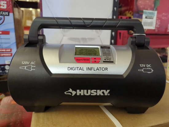 HUSKY 12/120 VOLT CORDED ELECTRIC AUTO AND HOME INFLATOR, APPEARS TO BE USED IN OPEN BOX, RETAIL