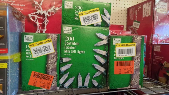 3 HOME ACCENT HOLIDAY ITEMS, 200 COOL WHITE FACETED MINI LED LIGHTS, AND PAIR OF 150 WARM WHITE