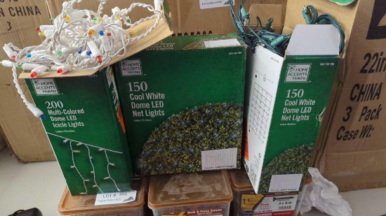 3 HOME ACCENT HOLIDAY ITEMS. 200 MULTI COLORED DOME LED ICICLE LIGHTS, AND 2 PACKS OF 150COOL WHITE