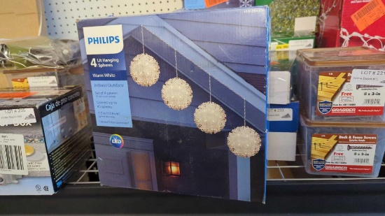 PHILLIPS 3 LIT HANGING SPHERES, OPEN BOX,WARM WHITE, 39.98, THERE ARE ONLY 3 LIGHTS IN THE BOX.