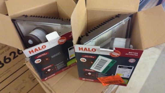 PAIR OF HALO OUTDOOR SECURITY MOTION ACTIVATED PROFESSIONAL GRADE SECURITY FLOOD LIGHTS, OPEN BOX