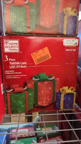 HOME ACCENTS HOLIDAY THREE-PIECE YULETIDE LANE LED GIFT BOXES, TESTED WORKING. OPEN BOX, MSRP 22.99