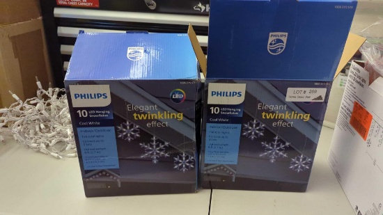 PAIR OF PHILLIPS 10 LED HANGING SNOWFLAKES, LEDS DO NOT WORK, OPEN BOXES TESTED, MSRP 38.00